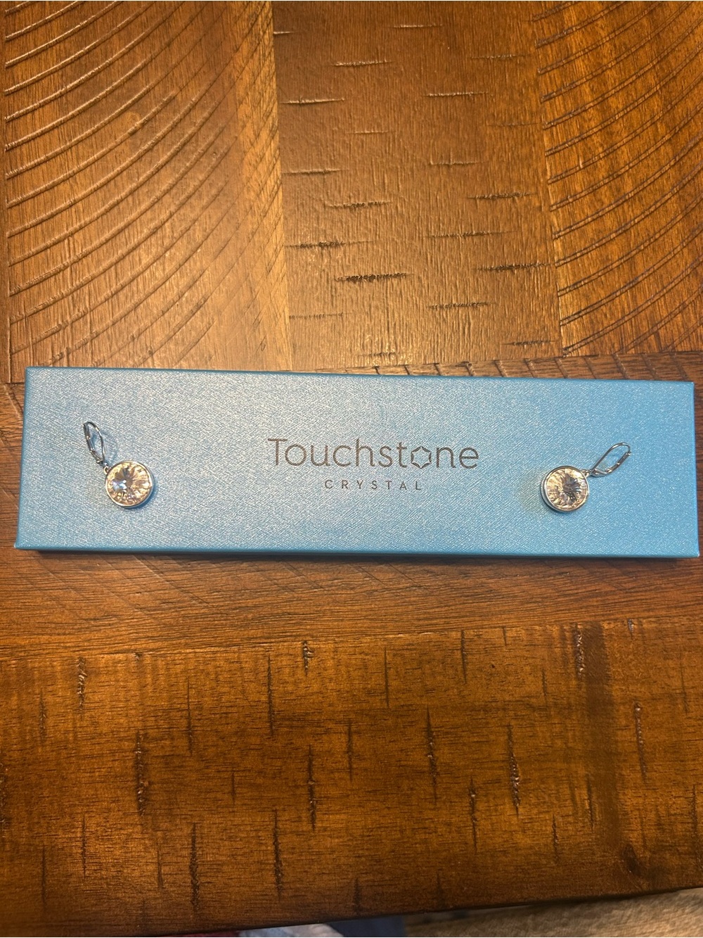 Touchstone Crystal Clear Round Crystal Drop Earrings with Blue Box